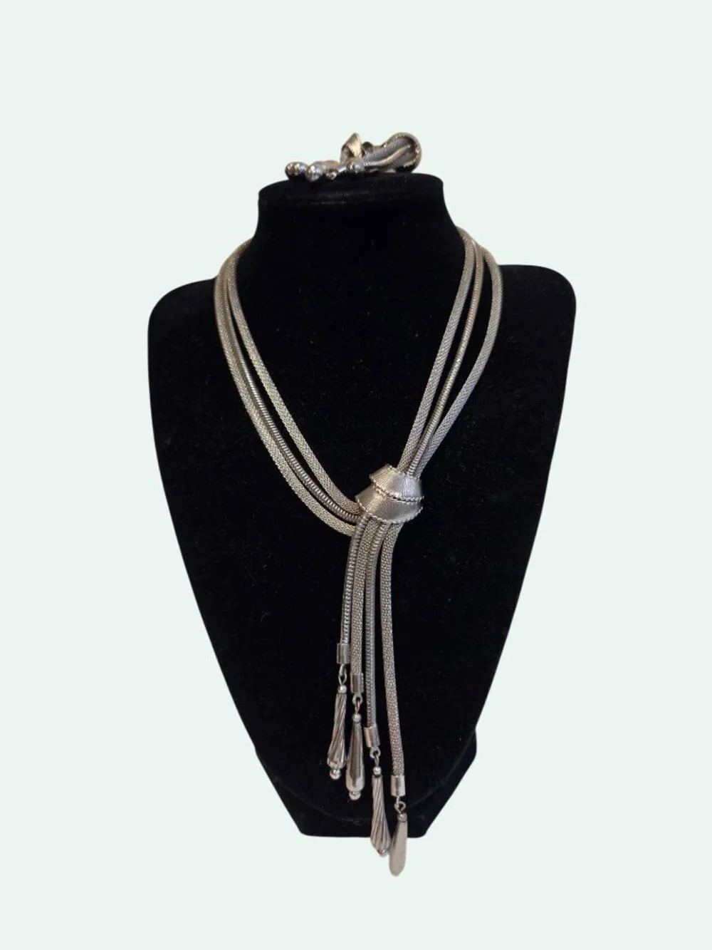 Vintage Multi-Strand Lariat Silver Necklace & Clip-On Earrings Set With Tassels